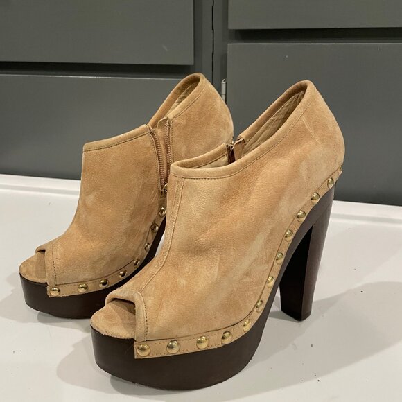 Used Jimmy Choo - Beige Studded Suede Leather Peep Toe Clog Boots (US 9) - Picture 2 of 7